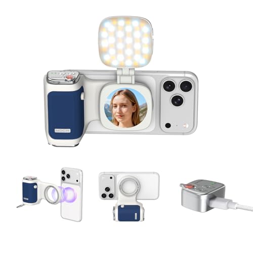 COMITOK iPhone Camera Grip MOCA with Magnet Fill Light & Mirror for 17 Pro iOS26 Native Camera, Fun Shot Magnetic Grip for Phone Compatible iOS17 and iOS18 with Anti-Drop Detachable Remote & Keychain - color: Blue