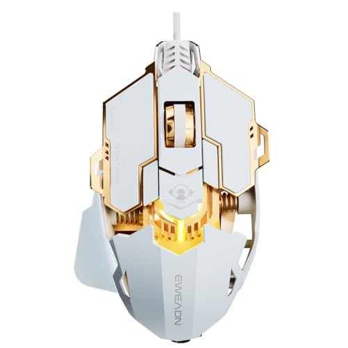 EWEADN G5 Wired Gaming Mouse with Adjustable Tail, 12800 DPI Programmable Computer Mouse with RGB Backlit, 9 Macro Buttons, Rapid Fire Key & Aluminum Base Ergonomic PC Mice for Laptop, PC-White - color: White