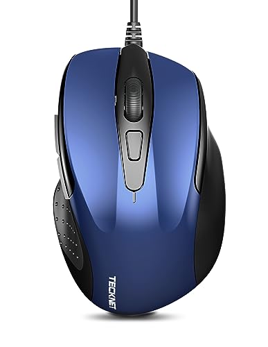 TECKNET USB Wired Mouse, 6-Button Corded Computer Mouse with 4 Adjustable DPI, Optical Computer Mice with Ergonomic Design and 5FT Cord for Laptop, Chromebook, PC, Desktop, Mac, Notebook-Blue - color: Blue