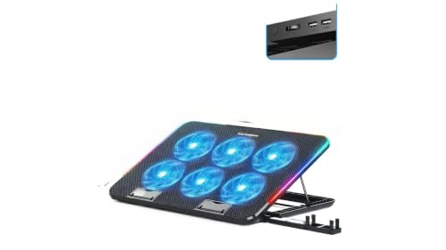 Laptop Cooling Pad 6 Fans RGB LED Adjustable Stand 12-17" Gaming | 6 fans 2400 RPM, RGB lights, adjustable speed, phone holder, metal mesh, dual USB, fits 12-17", 35-70 CFM cooling power - color: Black Iridescent Version (RGB Ambient Light + Phon