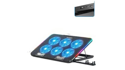 Laptop Cooling Pad 6 Fans RGB LED Adjustable Stand 12-17" Gaming | 6 fans 2400 RPM, RGB lights, adjustable speed, phone holder, metal mesh, dual USB, fits 12-17", 35-70 CFM cooling power - color: Black Iridescent Version (RGB Ambient Light + Phon