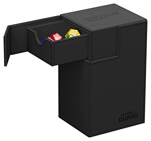 Ultimate Guard Flip'n'Tray 80+, Deck Case for 80 Double-Sleeved TCG Cards + Dice Tray, Black, Independent Magnetic Closure & Microfiber Inner Lining - color: Black, size: 80+