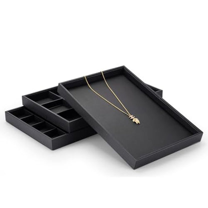 Oirlv Leather Jewelry Display Tray Black | Black Leather Exterior, Soft Velvet Lining, 13.78"X9.45"X1.18" Tray, Versatile Storage for Rings/Earrings/Necklaces - style: P01701