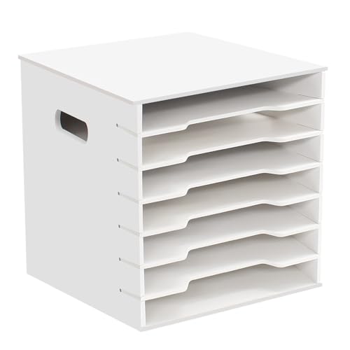 7 Tiers 12" x 12" Scrapbook Paper Storage, Cardstock File Organizer with Adjustable Shelves, Construction Paper Organizer, Desktop File for Home Office School Classroom, White