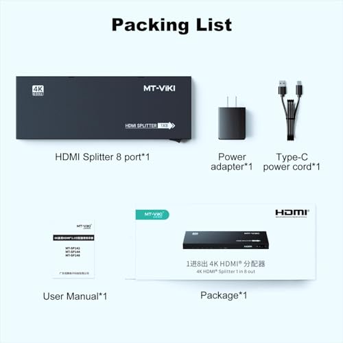 MT-VIKI HDMI Splitter 4K@60Hz, HDMI Splitter 1 in 8 Out, RGB 4:4:4, HDMI2.0b, HDCP2.2, 18Gbps, Full UHD Distributor for PS4 Fire Stick HDTV - size: 1x8 4K60