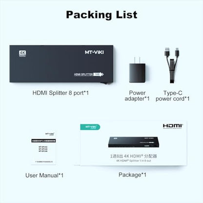 MT-VIKI HDMI Splitter 4K@60Hz, HDMI Splitter 1 in 8 Out, RGB 4:4:4, HDMI2.0b, HDCP2.2, 18Gbps, Full UHD Distributor for PS4 Fire Stick HDTV - size: 1x8 4K60