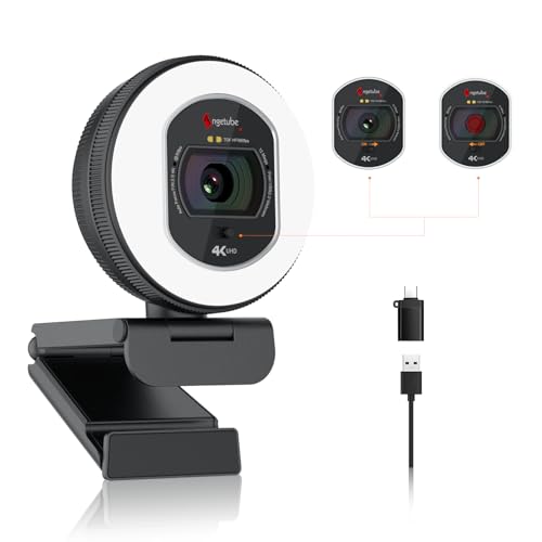 Angetube 4K Webcam with Light for PC, UHD Computer Web Camera for Desktop | TOF AutoFocus, 2 AI Noise Reduction Mics, 1080p@60FPS, USB Streaming Web Cam Built in Privacy Cover for Laptop Mac Zoom Teams - size: TOF 4K Webcam with Ring Light