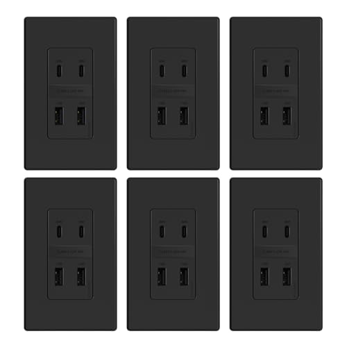 ELEGRP 42W Fast Charge & Power Delivery 4-Port USB Charger, Wall Outlet with 4 USB Ports, UL/CUL Listed, Wall Plate Included, 6 Pack, Matte Black - color: Matte Black