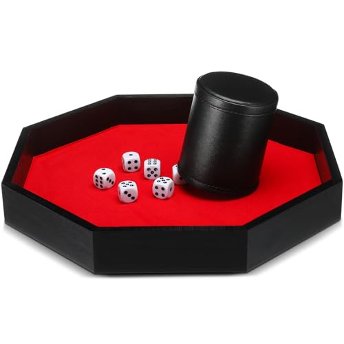 MiniInflat Octagon Tray Dice Cup Set Include Wooden Dice Tray Felt Lined PU Leather Dices Cup with 6 Dot Dices for Table Games(Black) - color: Black