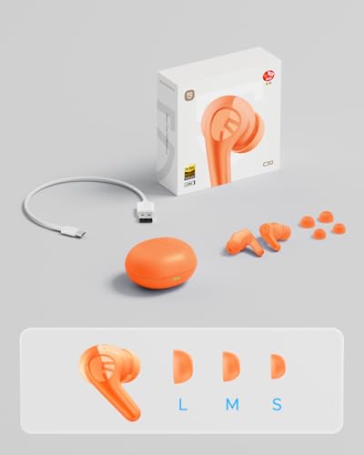 SoundPEATS C30 - True Wireless Earbuds - Bluetooth Headphones 6.0 - Orange | Hybrid ANC LDAC Hi-Res Audio 52H Playtime -52dB Adaptive Noise Cancelling 6-Mic Clear Call 12mm Driver Multi-Point IP54 - color: Orange