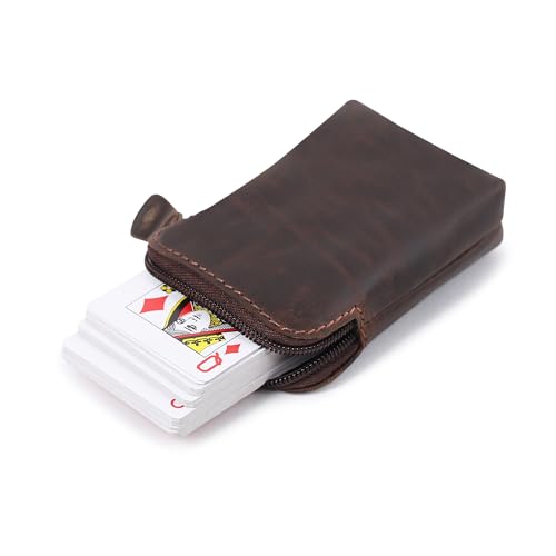 Full-Grain Leather Playing Card Case, Brown | Zippered, For Poker & Bridge Cards, Travel Card Organizer, Secure Multi-Purpose Wallet, Storage Pouch - color: Brown