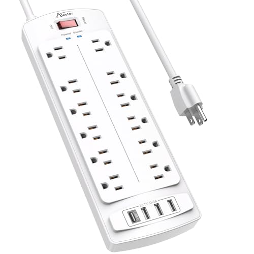 Power Strip,ALESTOR Surge Protector with 12 Outlets and 4 USB Ports, 6 Feet Extension Cord (1875W/15A) for for Home, Office, Dorm Essentials, 2700 Joules, ETL Listed (White) - color: White, size: 6 Ft