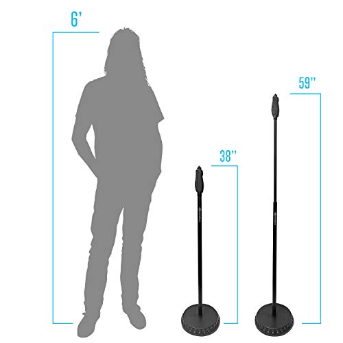 AxcessAbles MS-201RB One Hand Microphone Stand with Weighted Heavy Round Base and Quick Grip Height Adjustment - Telescoping Mic Boom Arm Included. Tall Microphone Stand for Singing 2-Pack