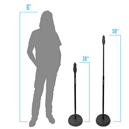 AxcessAbles MS-201RB One Hand Microphone Stand with Weighted Heavy Round Base and Quick Grip Height Adjustment - Telescoping Mic Boom Arm Included. Tall Microphone Stand for Singing 2-Pack