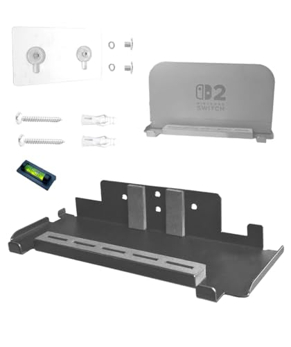 Wall Mount Bracket for Nintendo Switch 2/Switch OLED(Drill Free,Heavy Duty Sticker Installation,Sturdy Metal,5 Game Cards Holder,2 Joy-con Hanger,Easy Install Behind TV,Black)