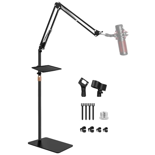 Mic Stand Floor Boom Arm for Studio, Podcast, Recording, Streaming | Included Tray & Microphone Holder, Space-saving 5.5 lbs Base, Adjutable Height 30"–70", Compatible with Yeti, SM58, QuadCast