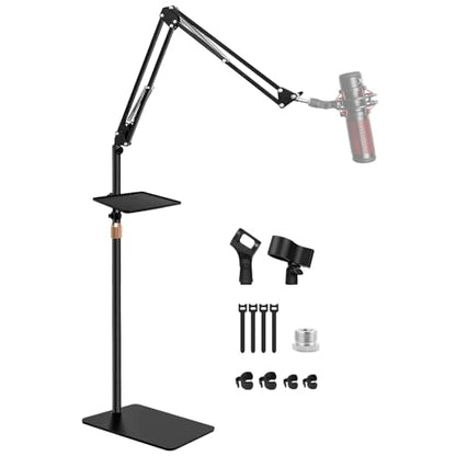 Mic Stand Floor Boom Arm for Studio, Podcast, Recording, Streaming | Included Tray & Microphone Holder, Space-saving 5.5 lbs Base, Adjutable Height 30"–70", Compatible with Yeti, SM58, QuadCast