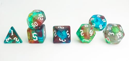 DND 주사위 7개 세트 클리어 그린 혼합 색상 (오로라) | D&D, CoC, RPG, 던전 앤 드래곤, MTG, 롤플레잉 게임 액세서리 - D20 시스템 게임용 아크릴 다면체 주사위 세트 - color: 블루 & 그린 오로라