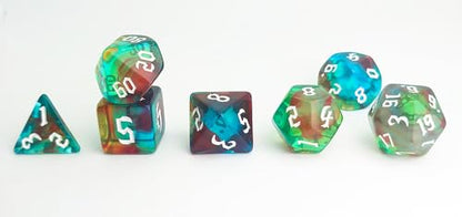 DND 주사위 7개 세트 클리어 그린 혼합 색상 (오로라) | D&D, CoC, RPG, 던전 앤 드래곤, MTG, 롤플레잉 게임 액세서리 - D20 시스템 게임용 아크릴 다면체 주사위 세트 - color: 블루 & 그린 오로라