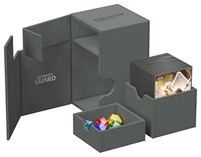Ultimate Guard Flip'n'Tray 100+, Deck Case for 100 Double-Sleeved TCG Cards + Dice Tray, Grey, Independent Magnetic Closure & Microfiber Inner Lining - color: Grey, size: 100+