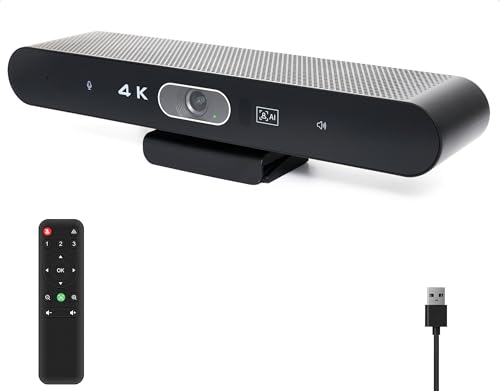 Conference Room Camera, All-in-One 4K Webcam with Microphone and Speaker, AI Tracking and Auto Framing, Wide Angle of View, Plug and Play USB Webcam for PC, Mac, Meetings, Teams, Zoom & Webex - color: Black