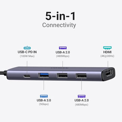 UGREEN USB C Hub 5 in 1 Multiport USB Adapter 4K HDMI, 100W Power Delivery | 3 USB-A Data Ports, USB C Dongle,compatible with MacBook Pro/Air M5/M4/M3/M2/M1, iPad Pro, iMac, iPhone 17 Pro/Pro Max
