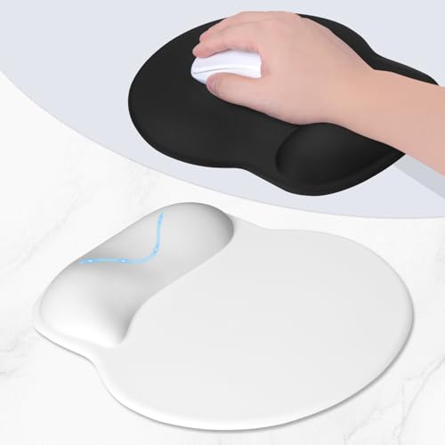 ITNRSIIET Ergonomic Mouse Pad with Wider Memory Foam Wrist Rest +17% - Curved Cushion Reduces Pressure 20%, Pain Relief, Non-Slip, Smooth, Cute Colors, 9.85 x 9 in, White - color: White