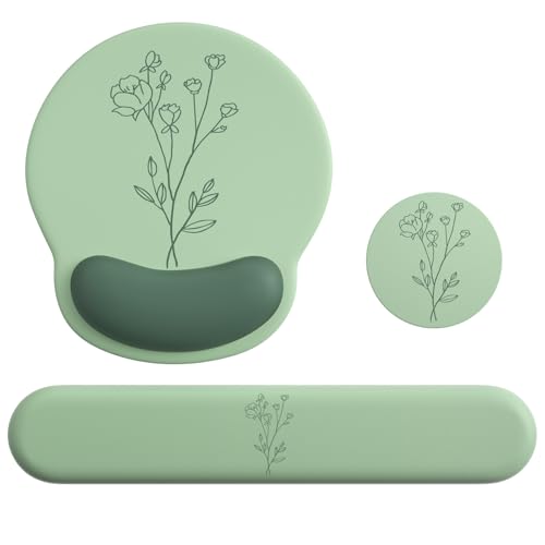 Mouse Pad with Keyboard Wrist Rest,Ergonomic Mouse Pad Wrist Support PU Base with Coaster,Mousepad with Nonslip Base for Computer Laptop Keyboard Home&Office - color: K-Green Plants