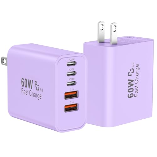 USB C Fast Wall Charger Block, 2Pack 60W USBC Charging Cubes, 5-Port PD+QC Power Adapter Multiport Brick Type C Box Plug for Phone 17/16/15/14/13/12/11/Pro Max/Plus, Pad Mini/Pro/S25/S24-Lavender - color: Lavender