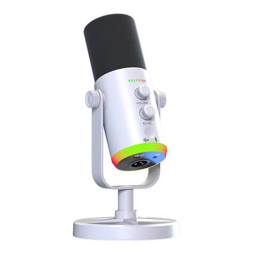 USB/XLR Desktop Dynamic Microphone with RGB Lighting, Noise Reduction, Mute Button & Headphone Jack - Podcast, Gaming, Streaming Mic for PC & Computer (White) - color: White
