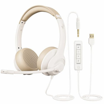 JIAMQISHI USB Headset with Microphone for PC, On-Ear Computer Laptop Headphones with Noise Cancelling Mic in-line Control for Home Office Online Class Zoom (USB+3.5mm, White) - color: White, style: USB+3.5mm