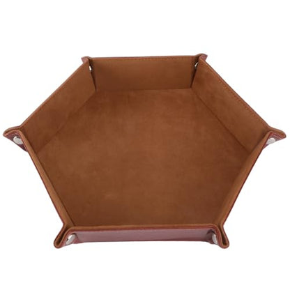 TOYANDONA Hexagon Pu Leather Dice Tray Foldable Dice Storage Box Brown Felt Lined for Tabletop RPG Board Games
