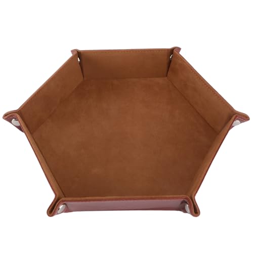 TOYANDONA Hexagon Pu Leather Dice Tray Foldable Dice Storage Box Brown Felt Lined for Tabletop RPG Board Games