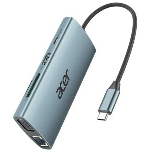 Acer USB C Hub with 4K HDMI, 9-in-1 Laptop Docking Station with 1080P VGA | USB C to Ethernet Adapter with 5Gbps 3×USB-A Data Transfer, 100W Max PD Port, SD/TF Card Reader for MacBook, Acer, 0.65ft