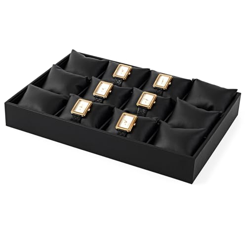 Oirlv Black Leather Watch Organizer Tray for Desktop Display | Smooth leather surface, 13.78×9.45×1.97in, large capacity, ideal for watch storage, desktop display & jewelry showcase - style: P01709