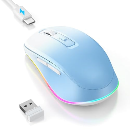 PEIOUS Wireless Mouse Jiggler - Keep Computers Awake, Blue to White | Rechargeable LED Mouse, Silent Clicks, Adjustable DPI and Random Movement Keep Computers Awake for Laptop/PC/Mac - color: Blue to White