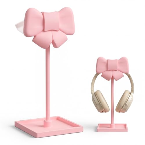 Wesiti Pink Bow Headphone Stand Cute Curved Headphone Holder with Storage Tray Pink Coquette Gaming Headset Holder for Desk Space Saving Organizer Desktop for Women All Headset Home Office Setup