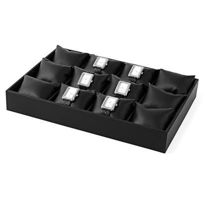 Oirlv Black Leather Watch Organizer Tray for Desktop Display | Smooth leather surface, 13.78×9.45×1.97in, large capacity, ideal for watch storage, desktop display & jewelry showcase - style: P01709