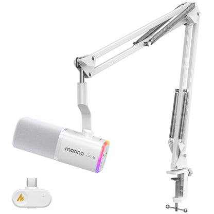 MAONO PD100W Wireless USB Dynamic Microphone, Gaming PC Mic with One-Click Noise Reduction,Mute Button,Custom RGB,3.5mm Headphone Jack,Software,Podcast Streaming Mic (Boom Arm(USB-C Receiver), White) - color: White