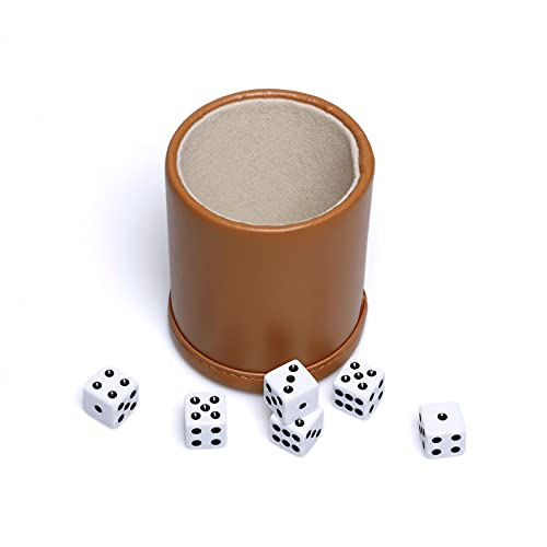 Leatherette Dice Cup Set, Camel Leather and Beige Velvet Interior Professional Dice Cup with 6 Black Dot Dice for Liars Dice Farkle Yahtzee Board Games, 1 Pack - color: Camel