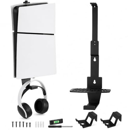 Heavy-Duty Steel Wall Mount Kit Compatible with PS5 Slim, Pro and Original | Secure EVA-padded support, complete install kit, easy setup, open airflow, holders for 2 controllers and headset - color: Black