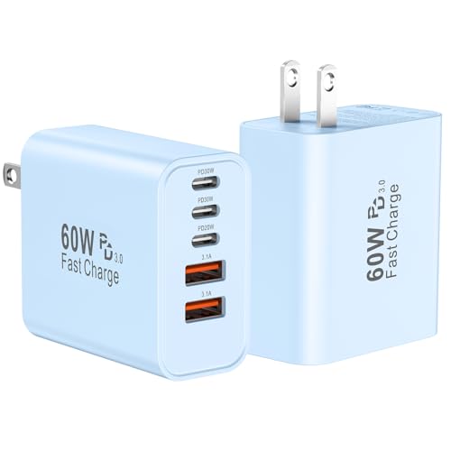 USB C Fast Wall Charger Block, 2Pack 60W USBC Charging Cubes, 5-Port PD+QC Power Adapter Multiport Brick Type C Box Plug for Phone 16/15/14/13/12/11/Pro Max/Plus, Pad Mini/Pro/S25/S24-Blue - color: Blue