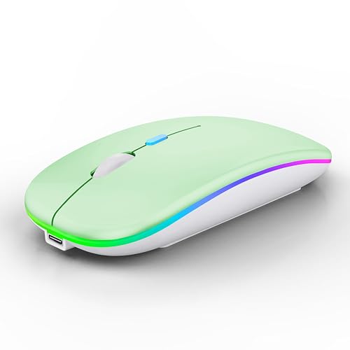 WREANU Wireless Bluetooth Mouse Rechargeable Laptop Mice with LED Lights Silent Slim Use(BT5.2 and 2.4G Portable USB Receiver)Dual Mode Computer Mouse for Laptop/iPad/Tablet/Apple/Computer/Mac(Green) - color: Green Wireless Bluetooth Mouse