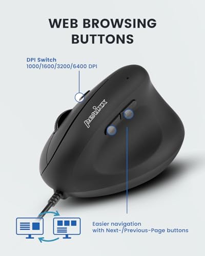 Perixx PERIMICE-508II Wired Vertical Ergonomic Mouse - 6 Buttons, Adjustable DPI 1000/1600/3200/6400, Optical Sensor, USB Plug and Play, Right-Handed, Black - style: Wired