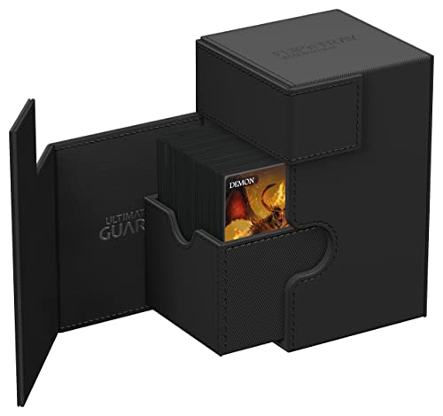 Ultimate Guard Flip'n'Tray 100+, Deck Case for 100 Double-Sleeved TCG Cards + Dice Tray, Black, Independent Magnetic Closure & Microfiber Inner Lining - color: Black, size: 100+
