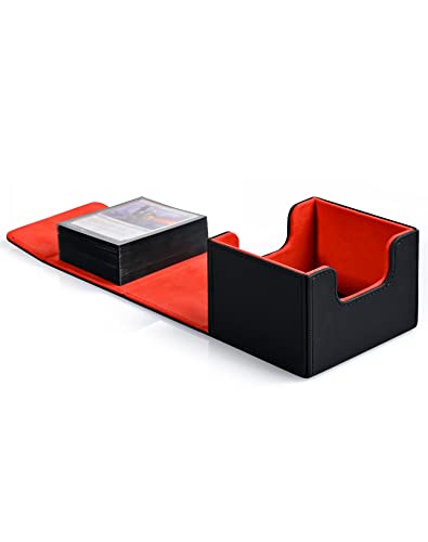 ZLCA Card Deck Box with 2 Dividers for MTG Cards, Large Horizontal Card Storage Box Fits 150+ Single Sleeved Cards, PU Leather Commander Deck box for TCG CCG (Black& Red) - color: A1-Black& Red, size: A-Horizontal PLUS