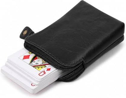 Premium Full-Grain Leather Playing Card Case, Zippered Card Deck Holder for Poker & Bridge Cards, Travel Card Organizer, Secure Multi-Purpose Wallet, Leather Storage Pouch, (Black) - color: Black