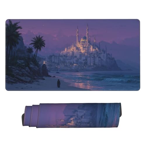 MTG Playmat Magic Castle by The Sea TCG Mat Board Game Card Game Trading Card Game Play Mat Desk Pad Original Hand Painting Stitched Edges Smooth Surface Rubber Base 23.5x13.7in