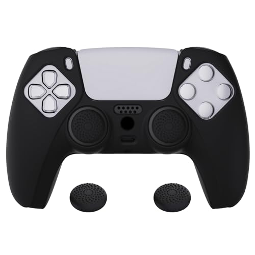 PlayVital Black Pure Series Anti-Slip Silicone Cover Skin for ps5 Controller, Soft Rubber Case for ps5 Wireless Controller with Black Thumb Grip Caps - color: Black