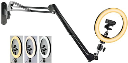 Upgraded Webcam Wall Mount Selfie Light, 10'' Ring Light with Boom Arm Webcam Wall Stand Holder Compatible with Logitech C920/MX Brio 4K/StreamCam/Brio pro X 4K/C930/C922/C925e/C615/Brio 500 webcams